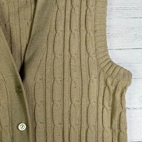 Vintage Tan Cable Knit Sweater Vest Button Front Pockets - Picture 2 of 4